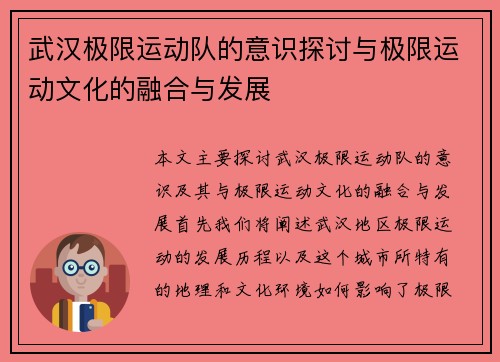 武汉极限运动队的意识探讨与极限运动文化的融合与发展
